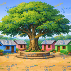Peaceful Village Gathering Scene with Banyan Tree – Very High Quality 2D Background (2 Variations Included)