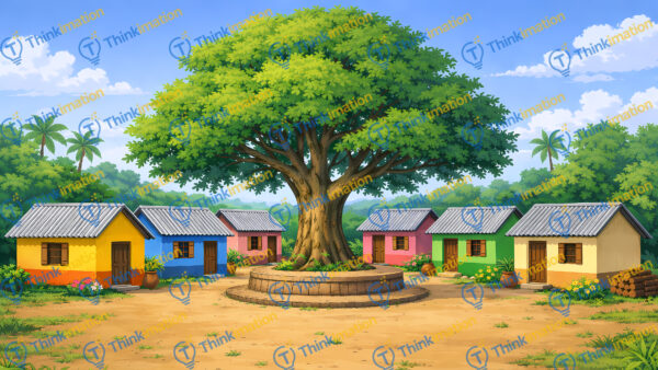Peaceful Village Gathering Scene with Banyan Tree – Very High Quality 2D Background (2 Variations Included)