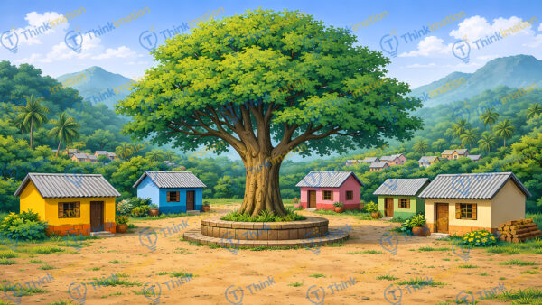 Indian Village Choupal Background with Banyan Tree - Very High Quality Semi Realistic 2D Illustration