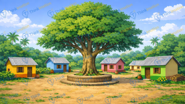 Indian Village Choupal Background with Banyan Tree – Very High Quality 2D Illustration (2 Variations Included)